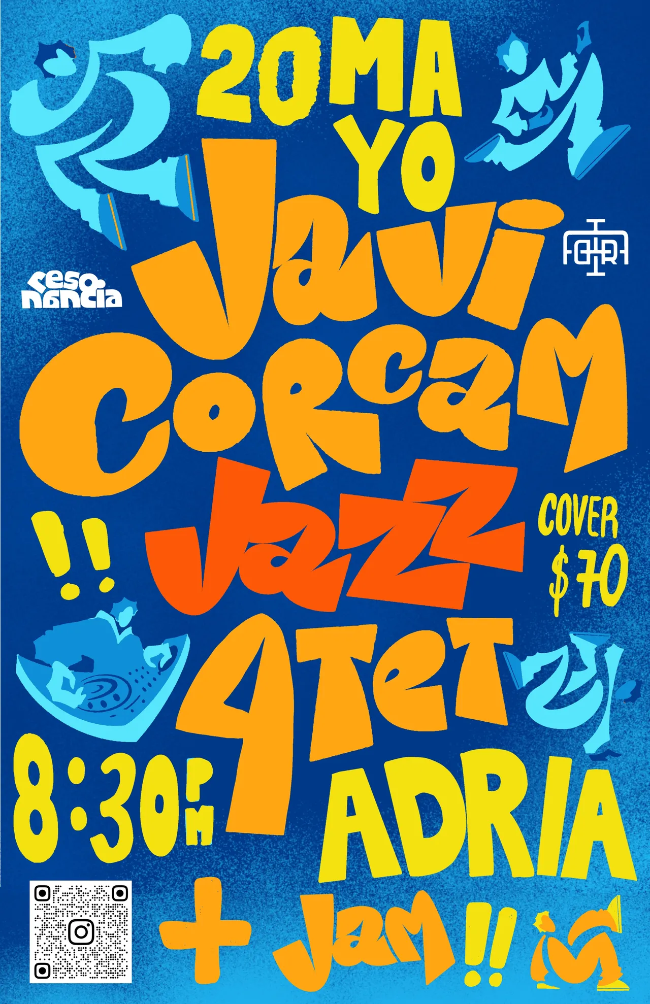 Cartel tipográfico de colores para el concierto de Javi Corcam Jazz 4tet